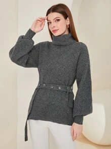 Mulvari 煙囪領燈籠袖腰帶套頭毛衣 - 深灰色 - 查看 4