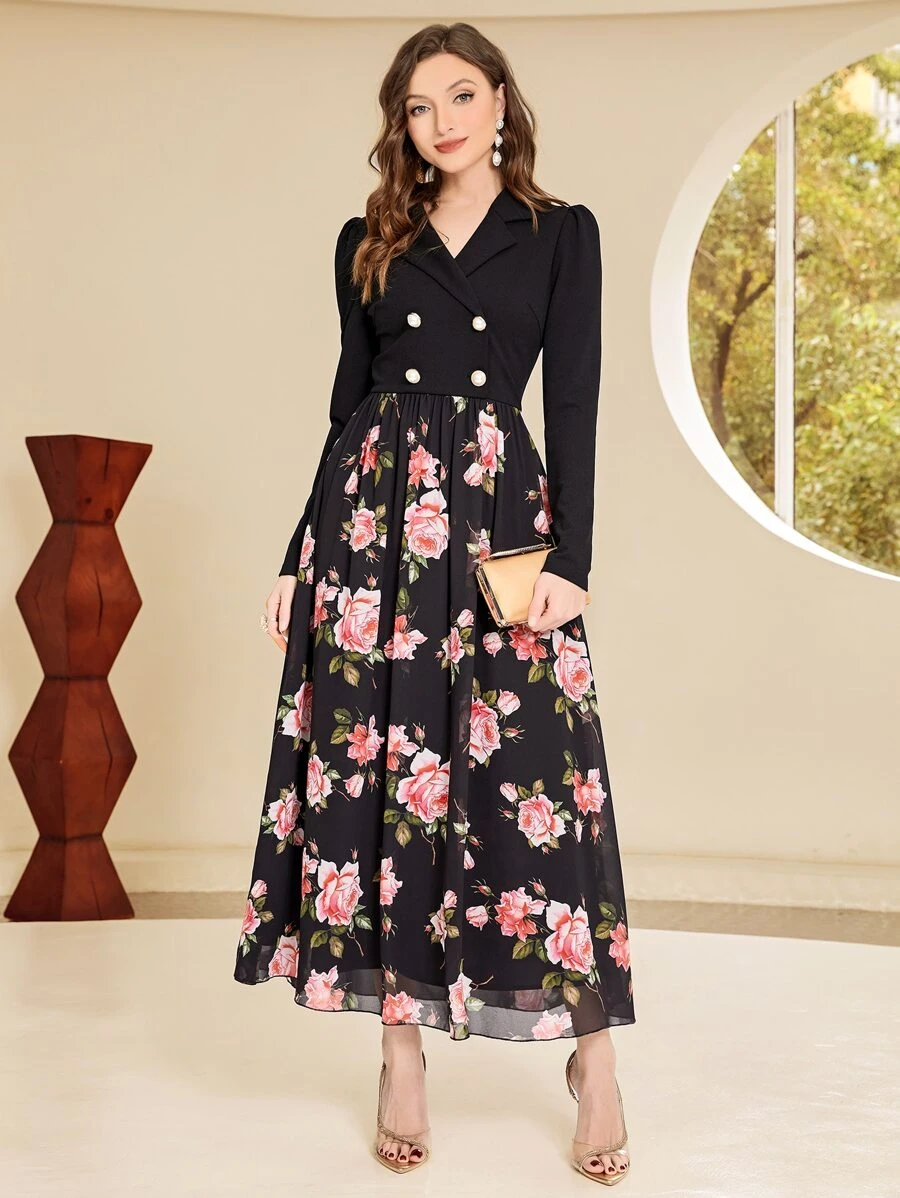 Modelyn Floral Print Double Breasted Chiffon Dress - Multicolor - View 1