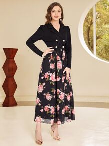 Modelyn Floral Print Double Breasted Chiffon Dress - Multicolor - View 3