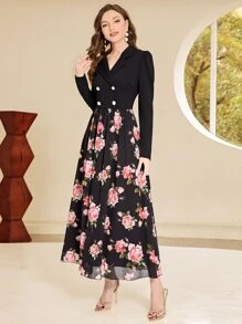 Modelyn Floral Print Double Breasted Chiffon Dress - Multicolor - View 5