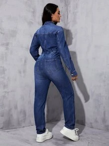 Mono con bolsillo con solapa con botón delantero mezclilla - Azul lavado oscuro - Ver 3