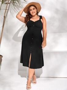 SHEIN VCAY Vestido de tirantes pecho con fruncido con botón falso de hombros con cordón de muslo con abertura - Negro - Ver 3