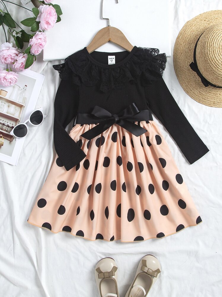 SHEIN Toddler Girls Polka Dot Print Ruffle Trim Belted Dress - Multicolor - View 1