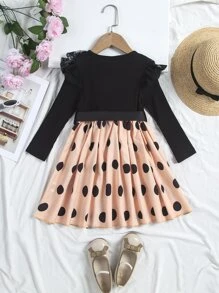 SHEIN Toddler Girls Polka Dot Print Ruffle Trim Belted Dress - Multicolor - View 2
