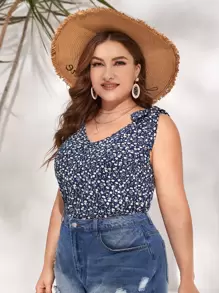 SHEIN VCAY Plus Size Boho Ditsy Floral Tie Shoulder Blouse, For Summer - Multicolor - View 6