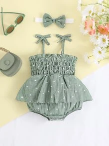 Baby Polka Dot Print Ruffle Trim Shirred Cami Bodysuit - Mint Green - View 1
