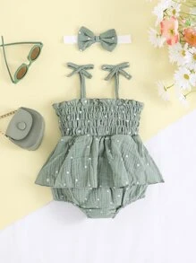 Baby Polka Dot Print Ruffle Trim Shirred Cami Bodysuit - Mint Green - View 2