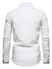 Manfinity Homme 男士條紋印花鈕扣前衣，修身長袖拼色白色工作襯衫 - 白色 - 查看 2