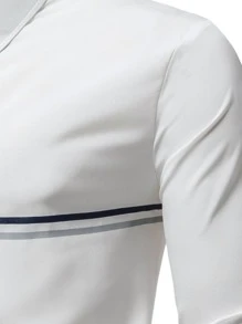 Manfinity Homme 男士條紋印花鈕扣前衣，修身長袖拼色白色工作襯衫 - 白色 - 查看 5