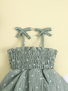 Baby Polka Dot Print Ruffle Trim Shirred Cami Bodysuit - Mint Green - View 5