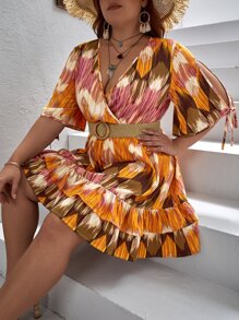 SHEIN VCAY Plus Allover Print Surplice Neck Ruffle Hem Dress Without Belt - Multicolor - View 3