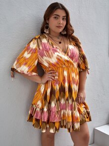 SHEIN VCAY Plus Allover Print Surplice Neck Ruffle Hem Dress Without Belt - Multicolor - View 4