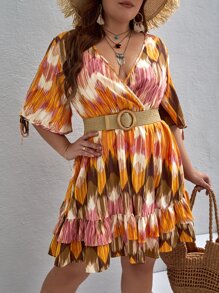 SHEIN VCAY Plus Allover Print Surplice Neck Ruffle Hem Dress Without Belt - Multicolor - View 1