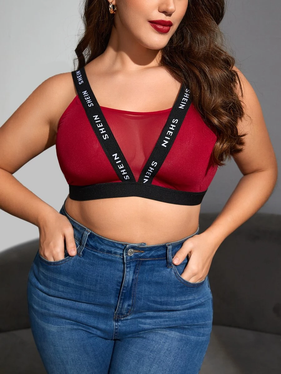 Plus Letter Tape Contrast Mesh Bralet - Burgundy - View 1