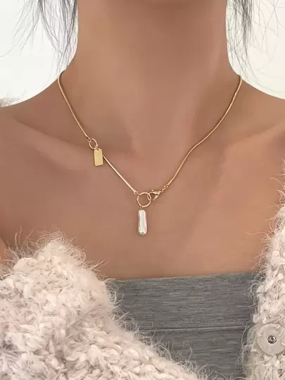 DAZY 假珍珠和長方形吊飾項鍊