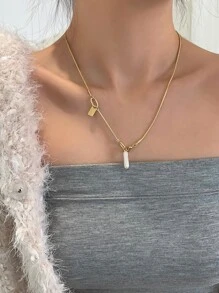 DAZY 假珍珠和長方形吊飾項鍊 - 金黃色 - 查看 3