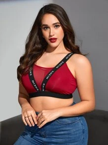 Plus Letter Tape Contrast Mesh Bralet - Burgundy - View 3