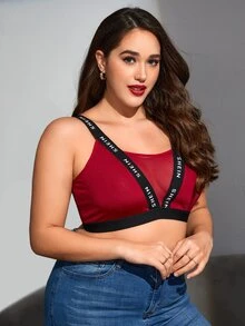 Plus Letter Tape Contrast Mesh Bralet - Burgundy - View 4