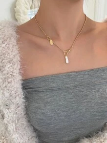 DAZY 假珍珠和長方形吊飾項鍊 - 金黃色 - 查看 5