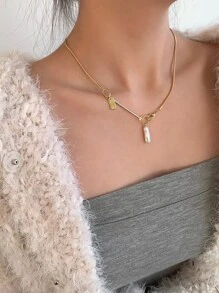 DAZY 假珍珠和長方形吊飾項鍊 - 金黃色 - 查看 6