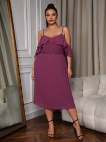 SHEIN Belle Plus Cold Shoulder Ruffle Trim Bridesmaid Dress - Mauve Purple - View 3