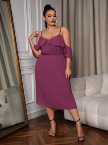 SHEIN Belle Plus Cold Shoulder Ruffle Trim Bridesmaid Dress - Mauve Purple - View 4