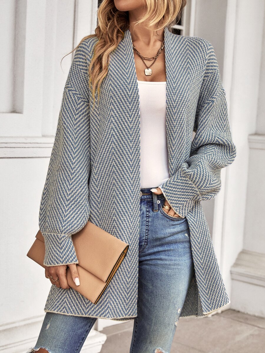 SHEIN LUNE 条纹图案主教袖长袖开衫，秋冬长袖 - 霧霾藍 - 查看 1