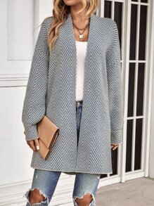 SHEIN LUNE 条纹图案主教袖长袖开衫，秋冬长袖 - 霧霾藍 - 查看 4