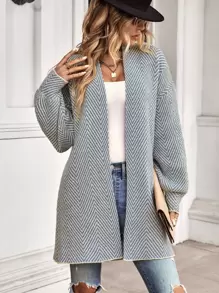 SHEIN LUNE 条纹图案主教袖长袖开衫，秋冬长袖 - 霧霾藍 - 查看 5