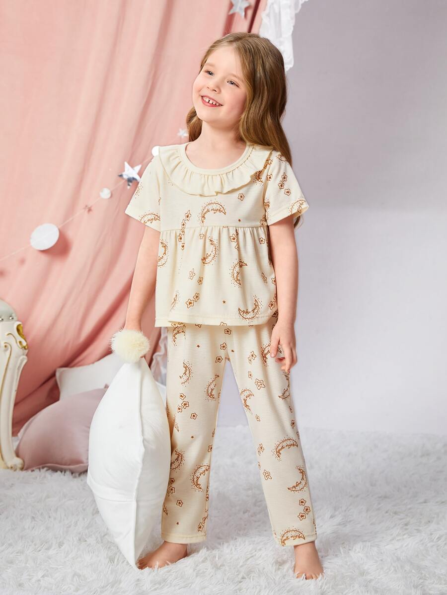 Toddler Girls Moon And Star Print Ruffle Trim PJ Set - Beige - View 1