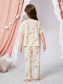 Toddler Girls Moon And Star Print Ruffle Trim PJ Set - Beige - View 2