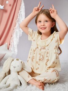 Toddler Girls Moon And Star Print Ruffle Trim PJ Set - Beige - View 5