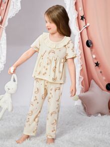 Toddler Girls Moon And Star Print Ruffle Trim PJ Set - Beige - View 6