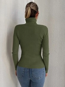 Cloudara Solid Turtleneck Ribbed Knit Jumper - Army Green - View 2