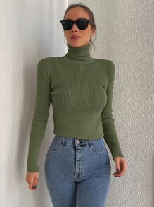 Cloudara Solid Turtleneck Ribbed Knit Jumper - Army Green - View 4