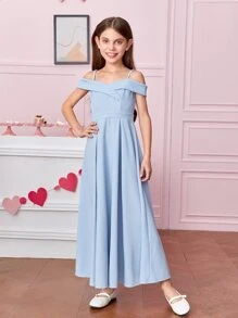 SHEIN 1pc Tween Girls' Solid Color Fitted Ruched Shoulder Sweet Knit Dress