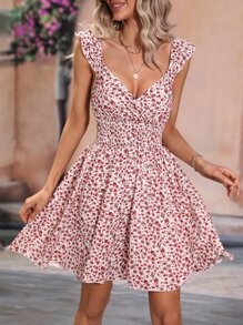 SHEIN WYWH Ditsy Floral Print Ruffle Trim Shirred Dress - Multicolor - View 5