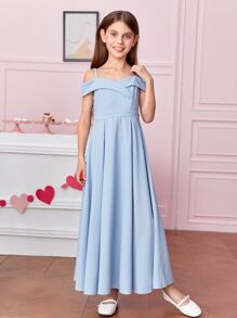 SHEIN 1pc Tween Girls' Solid Color Fitted Ruched Shoulder Sweet Knit Dress