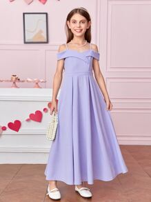 SHEIN 女孩挖肩褶皺連衣裙 - 紫丁香色 - 查看 5