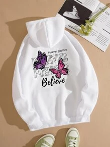 SHEIN EZwear Butterfly & Slogan Graphic Drawstring Thermal Lined Hoodie - White - View 1