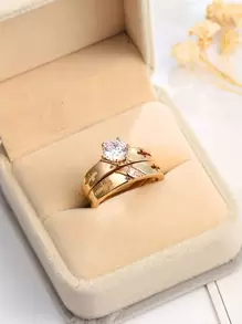 2枚时尚情侣戒指，男女结婚订婚戒指，周年纪念珠宝礼物，日常佩戴（无包装盒） - 金黃色 - 查看 4