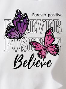 SHEIN EZwear Butterfly & Slogan Graphic Drawstring Thermal Lined Hoodie - White - View 7