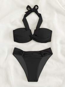 SHEIN Conjunto de bikini monocolor con parte superior con halter fruncido y push-up y Bottom tipo tanga, 2 piezas, bikini de verano para la playa - Negro - Ver 4