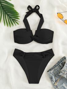 SHEIN Conjunto de bikini monocolor con parte superior con halter fruncido y push-up y Bottom tipo tanga, 2 piezas, bikini de verano para la playa - Negro - Ver 5