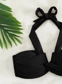 SHEIN Conjunto de bikini monocolor con parte superior con halter fruncido y push-up y Bottom tipo tanga, 2 piezas, bikini de verano para la playa - Negro - Ver 3