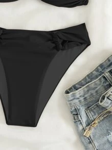 SHEIN Conjunto de bikini monocolor con parte superior con halter fruncido y push-up y Bottom tipo tanga, 2 piezas, bikini de verano para la playa - Negro - Ver 6