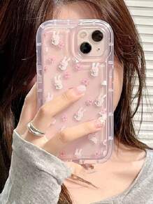 1 Funda De Teléfono Apple/samsung Con Patrón De Flor Verde Y Conejo Y Soporte De Airbag Para Pantalla Completa - Multicolor - Ver 1