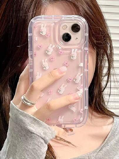 جراب هاتف آبل/سامسونج بنمط زهرة خضراء وأرنب شامل الشاشة الكاملة وحامل هوائي