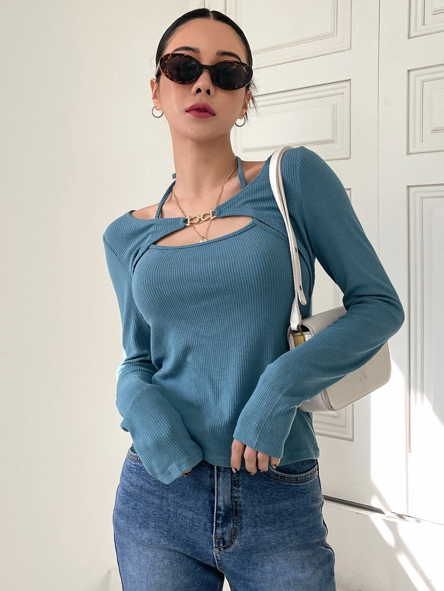 DAZY Chain Detail Cut Out Front Halter Neck Tee - Blue - View 1