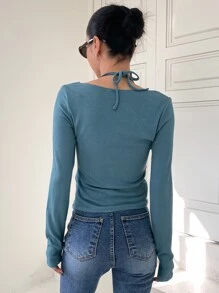 DAZY Chain Detail Cut Out Front Halter Neck Tee - Blue - View 2